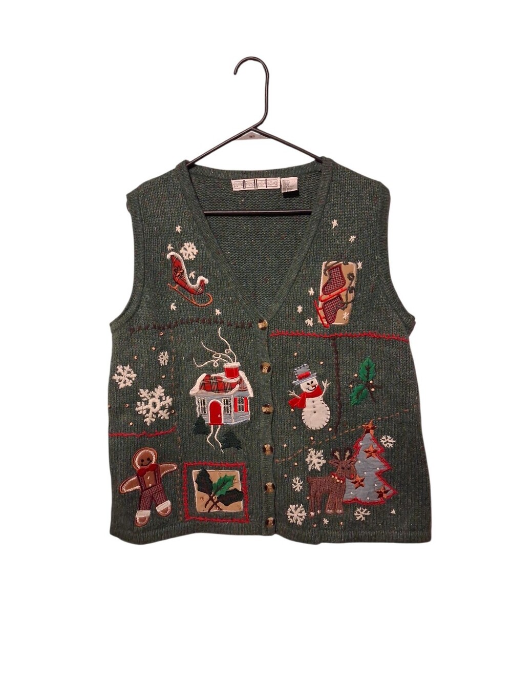 Vintage Ugly Christmas Sweater Vest M Gingerbread Ramie Wool Grandma Teacher Y2K